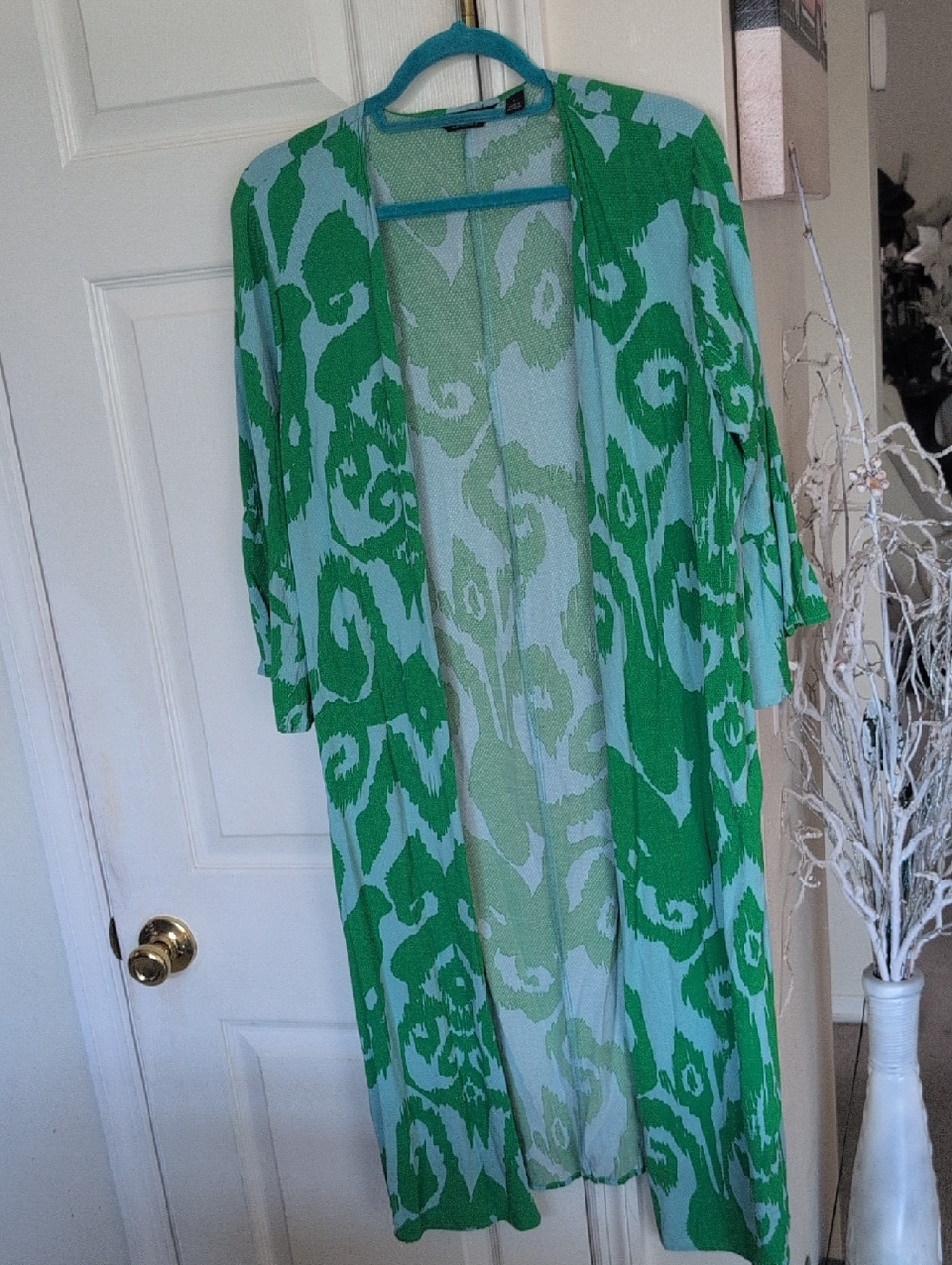 G by Giuliana Green and Light Blue Patterned Open Cardigan